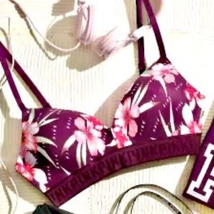 VIctoria’s Secret PINK Wear Everywhere Wireless Purple Floral Bra Size 32DDD